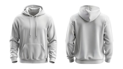 Front and back view of a white hoodie isolated on white background
