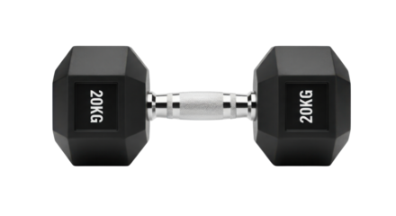 Single black dumbbell with 20KG weight label isolated PNG with Transparent Background