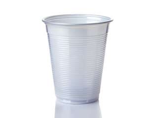 A clear disposable plastic cup with ribbed texture isolated on transparent background