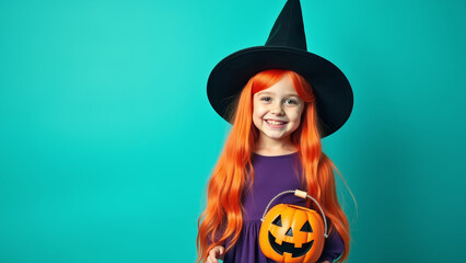 Cute little halloween witch girl with long orange wig wearing black hat and purple dress holding pumpkin bucket on turquoise background kids portrait