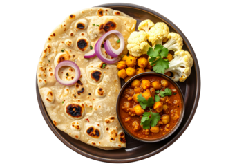 A plate with cauliflower curry, roti, sliced onions, cilantro, and green chilies on a white plate on transparent background