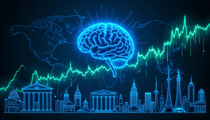 Glowing Neon Digital Brain Over Global City Skyline and Fluctuating Stock Market Charts, Excellent for Artificial Intelligence, Global Finance, or Technology Concepts