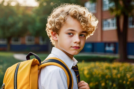 Blonde curly-haired schoolboy with yellow backpack stands outdoors near school building on sunny day, dressed in white shirt and tie