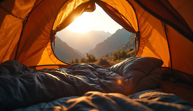 Ultra-realistic interior shot from inside a camping tent, half-open sleeping bag resting on a sleeping pad, warm golden sunlight streaming through the tent entrance, outside view of distant mountain p - Powered by Adobe