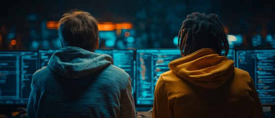 Two people are engaged in late night code review, sitting side by side in front of multiple computer screens displaying code. dimly lit room creates focused atmosphere