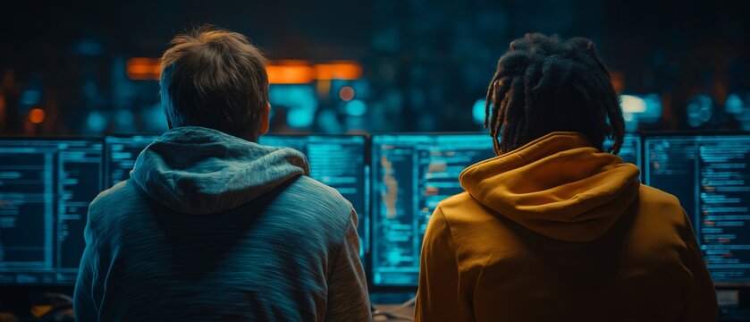Two people are engaged in late night code review, sitting side by side in front of multiple computer screens displaying code. dimly lit room creates focused atmosphere