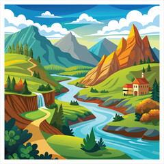 Vibrant river valley landscape with mountains and a small house