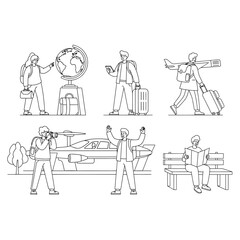 A versatile set of outline illustrations depicting people engaged in various travel, tourism, and vacation activities