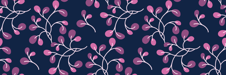 Seamless botanical pattern with abstract purple leaves on navy blue background. Autumn dark blue background Ideal for textiles, wallpapers and wrapping paper. Modern vector illustration.