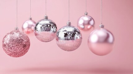 Fototapeta premium Shiny Christmas ornaments hang in various colors and designs on thin strings set against a soft pink backdrop capturing the essence of holiday cheer and celebration.