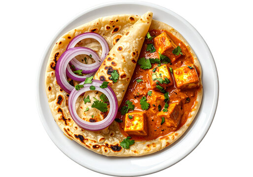 A top view of lachha paratha with paneer butter masala and onion slices on a white plate, garnished with cilantro on transparent background