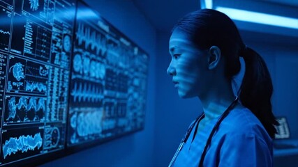 Nurse analyzing complex patient data on a large screen in a dark room.  - Powered by Adobe