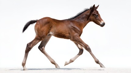 Brown foal gracefully moving across white background, demonstrating youthful agility
