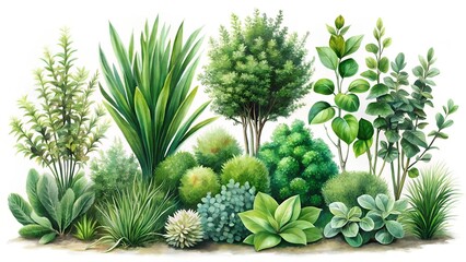 Fototapeta premium Collection of various green garden plants isolated on white background