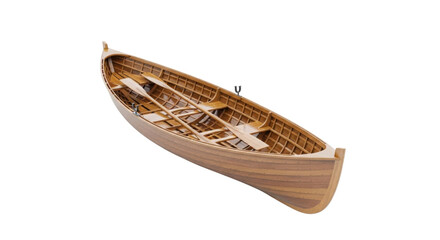 Fototapeta premium Wooden rowboat with oars inside isolated PNG with Transparent Background