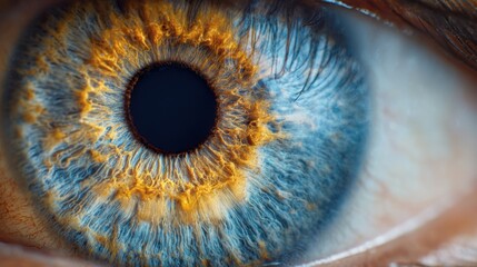 The close-up view captures a human eye highlighting the brilliant blue and orange patterns of the iris. The black pupil sits at the center surrounded by intricate details.
