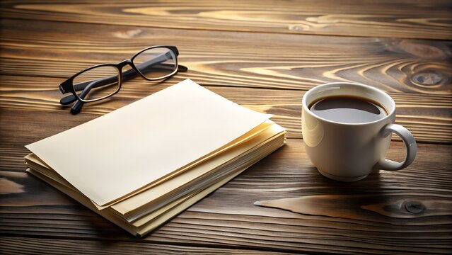 Stack of paper with glasses and coffee cup on wooden table