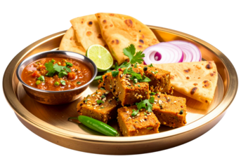 An elaborate Indian thali filled with a vibrant selection of dishes invites a culinary journey. Colorful curries, fragrant rice, and assorted sides create an enticing feast perfect for sharing 