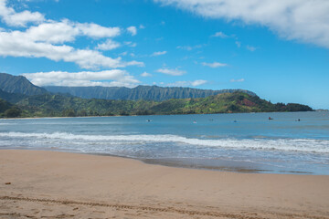 Hawaii scenic beach with mountain in background