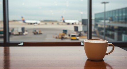 Cup of latte coffee on wooden table with blurry airport tarmac and aircrafts in background. Travel awaiting concept.