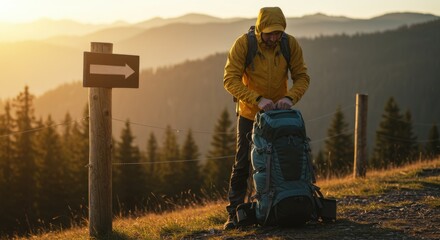 Man wearing yellow jacket adjusting backpack on hiking trail  