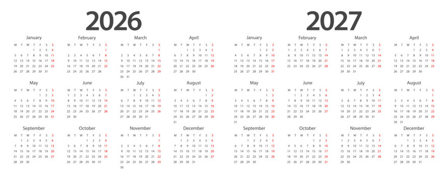 Calendar 2026, calendar 2027 week start Monday corporate design planner template. - Powered by Adobe