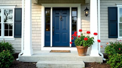 Elegant House Entrance with Blue Door - A beautiful exterior shot of a house entrance. The video showcases a blue front door with sidelights, flanked by windows and shutters, with a potted plant of