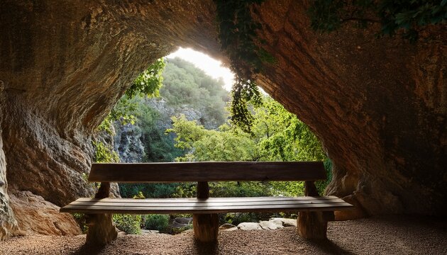a wooden bench at the base of a natural archway - Powered by Adobe