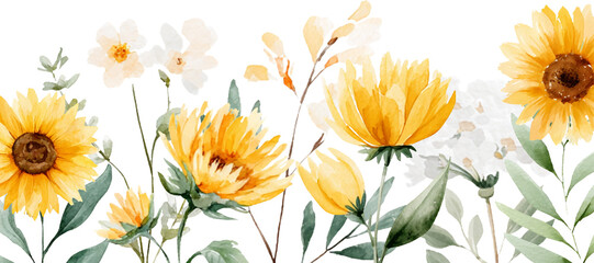 Watercolor sunflower and wild flower border