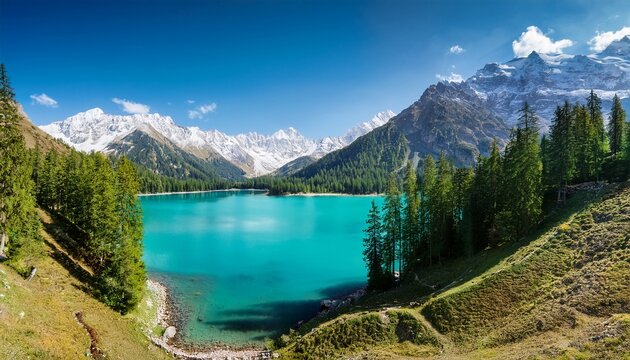 generative ai image of turquoise alpine lake with pine forests and snowy mountains under blue sky