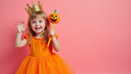 Cute little pumpkin princess girl in orange glitter dress with crown holding magic wand smiling on bright pink background halloween kids portrait