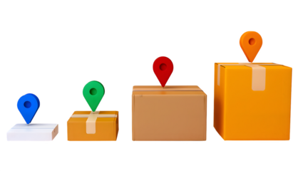 Location pins on cardboard boxes isolated on transparent background