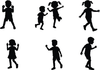 PrintChildren silhouette vector, kids playing illustration, black shadow figures, childhood activity art, group of children in motion, action pose design