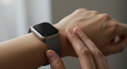 Person adjusting smartwatch on wrist indoors with natural light