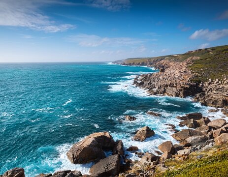scenic rocky coastline with blue ocean - Powered by Adobe