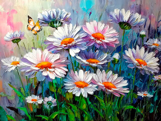 A realistic oil painting depicting a bouquet of white daisies, with voluminous petals painted with a palette knife.