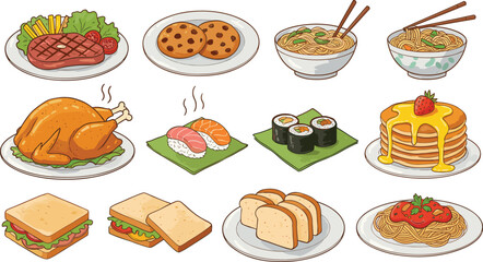 Flat vector food icons, international cuisine illustration, cartoon meal collection, restaurant menu design, cultural dishes graphic, culinary symbol set, diverse dining elements