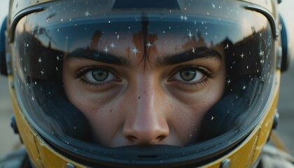 Space helmet visor catching faint starlight, focused human eyes visible inside