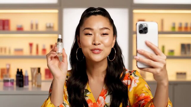 Female Beauty Influencer Filming Live Shopping on Smartphone - A smiling Asian woman is holding a smartphone and a skincare product while filming a live shopping stream.