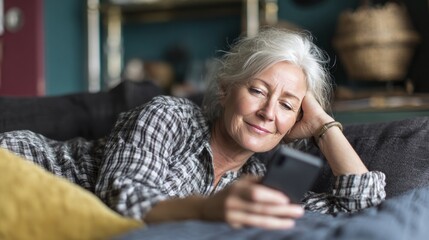 A woman is laying on a couch and looking at her cell phone