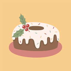 Christmas bundt cake with icing, sprinkles and holly festive vector illustration