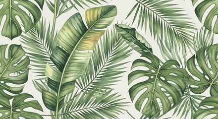 Watercolor painting of overlapping tropical leaves in various shades of green