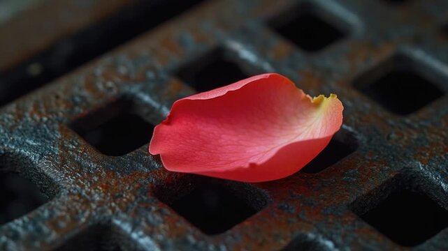 A small pink flower sits atop a metal grate, adding a touch of color to the industrial setting