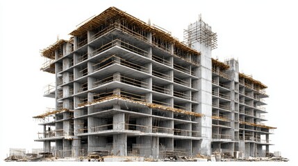 Concrete skeleton of a multi story residential building showing exposed framework, rebar and temporary barriers on white cutout background, early stage urban construction project