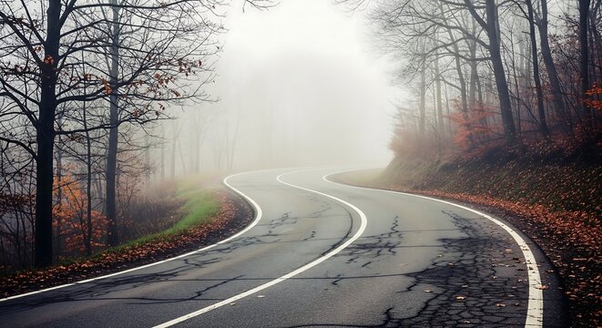 Curving road disappearing into misty distance, symbolizing journey and memory