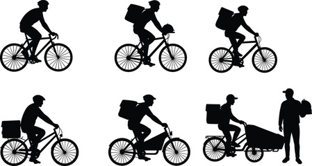 PrintFood delivery cyclist riding bicycle, courier with backpack, cargo bike service, urban logistics transport, delivery man carrying package, fast courier rider