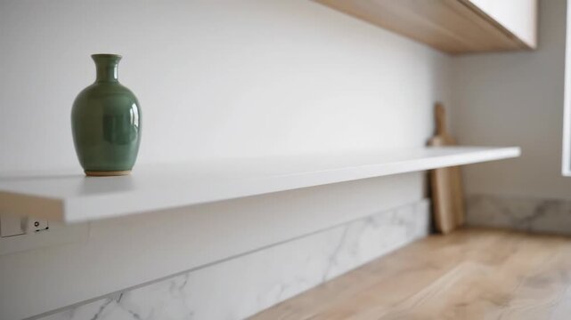 Minimalist Kitchen with Floating Shelf and Hidden Bracket - A close-up shot of a minimalist kitchen environment highlighting a floating shelf.