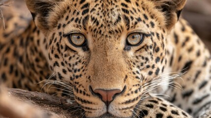 Fototapeta premium A leopard lies calmly on a sturdy branch gazing curiously at its surroundings. The animals golden fur with dark spots shines in natural light as it enjoys a moment of rest in the wild.