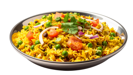 Golden turmeric rice with carrots and peas, isolated on transparent background