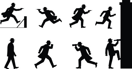 PrintSilhouette detective spy running, chasing, climbing, aiming gun, holding binoculars, secret agent action, mystery investigation, espionage concept, criminal pursuit, crime scene